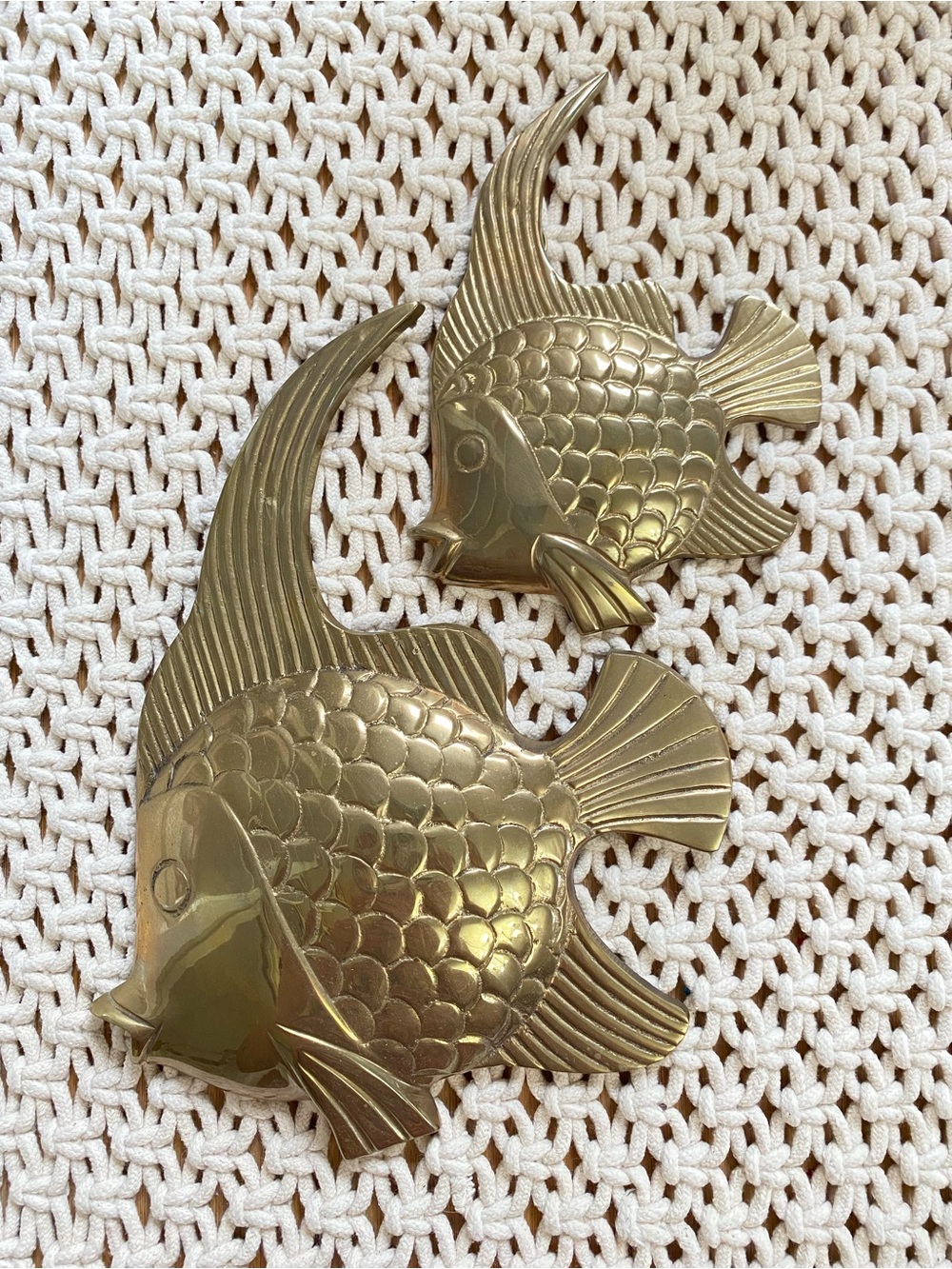 Vintage 70s Solid Brass Angelfish Wall Decor Set - Made in India